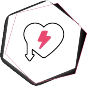 a white hexagon with a red lightning bolt and arrow